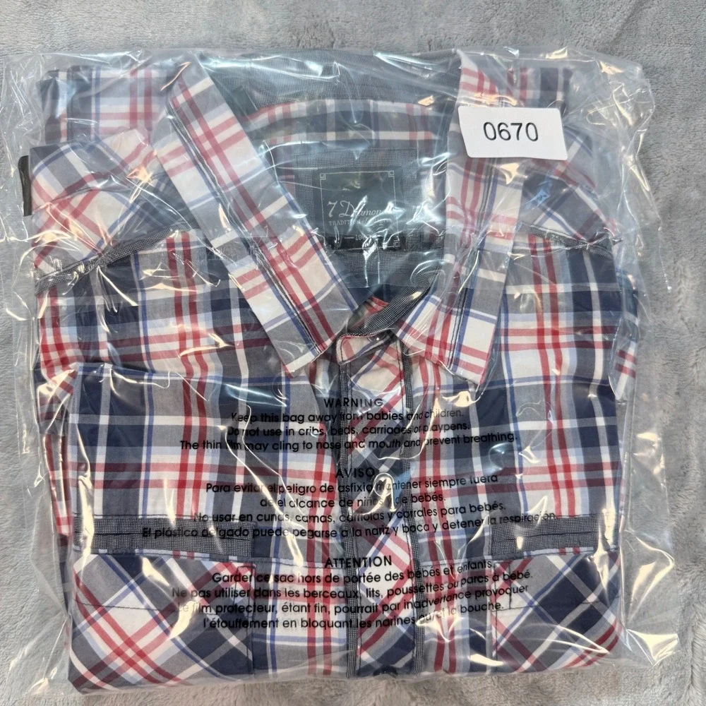7 Diamonds Plaid Button Down Shirt Men's Large Red Blue White Long Sleeve Casual